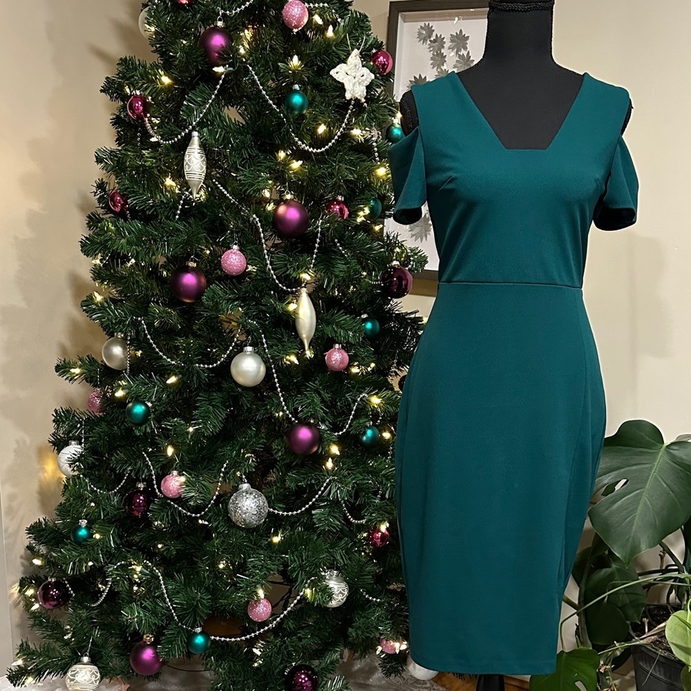 *EXPRESS* Teal Cold-Shoulder Dress Size 4 - Picture 2 of 9